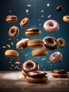 Floating original doughnuts, delicious and unique dessert, glazed donut. Cinematic advertising photography