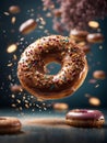 Floating original doughnuts, delicious and unique dessert, glazed donut. Cinematic advertising photography