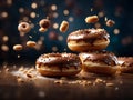 Floating original doughnuts, delicious and unique dessert, glazed donut. Cinematic advertising photography