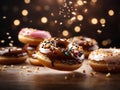 Floating original doughnuts, delicious and unique dessert, glazed donut. Cinematic advertising photography