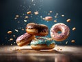 Floating original doughnuts, delicious and unique dessert, glazed donut. Cinematic advertising photography