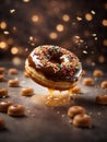 Floating original doughnuts, delicious and unique dessert, glazed donut. Cinematic advertising photography