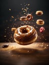 Floating original doughnuts, delicious and unique dessert, glazed donut. Cinematic advertising photography