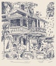 Original drawing of India Goa Calangute Baga landscape street, t Royalty Free Stock Photo