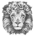 Original drawing of Lion with floral head wreath.