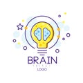 Original emblem with energy brain and lightbulb. Smart solution or creative idea. Abstract illustration in linear style