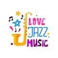 Original emblem for jazz festival. Abstract logo with saxophone, stars and musical notes. Flat vector design