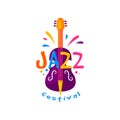 Original flat vector emblem for jazz festival. Creative badge with purple double bass and text. Music logo