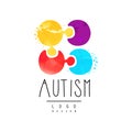 Vector emblem with multi-colored puzzle. Genetic disorder or Autism awareness theme. Symbol of Down Syndrome for