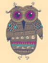 Original ethnic owl ink drawing, vector illustration Royalty Free Stock Photo