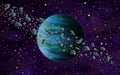 Original Exotic fantasy blue Alien Planet with asteroid belt around it. Royalty Free Stock Photo