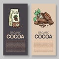 The original finest chocolate vector packaging design label. Typography and cocoa powder pack and cocoa branch with