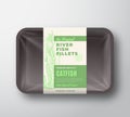 The Original Fish Fillets Abstract Vector Packaging Design Label on Plastic Tray with Cellophane Cover. Modern