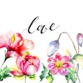 Original floral background with summer flowers and title Love