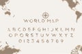 Original Font in the form of a World Map with a retro compass on the background. Latin letters and numbers for tourism