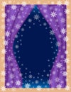 Original frame for photos and text. View of the room from the window. Openwork snowflakes on a blue background create a festive