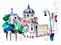 Original freehand watercolor travel card from Rome Italy, old it