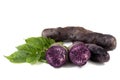Original French violet potato Vitelotte with leaves