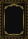 Gold ribbon frame with curved edges framed by gold borders with gold patterns of stylized flowers with leaves on black background Royalty Free Stock Photo