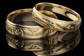 Original gold wedding rings on a dark background. Neural network AI generated