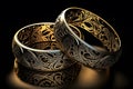 Original gold wedding rings on a dark background. Neural network AI generated