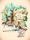 Original hand draw marker sketch of Kyiv building landscape