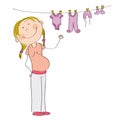 Happy pregnant woman hanging clothes for her unborn baby girl Royalty Free Stock Photo