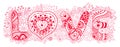 Original hand drawn word love. Romantic floral background with