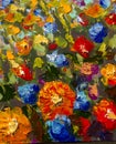 Original handmade abstract oil painting bright flowers made palette knife.