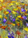 Big texture abstract flowers. Close up fragment of oil painting artistic flowers image. Palette knife flowers macro. Macro artist` Royalty Free Stock Photo