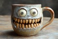 Original handmade ceramic monster mug is smiling with big googly eyes and lots of teeth Royalty Free Stock Photo