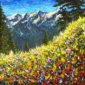 Original handmade oil painting, beautiful flowers on a mountain glade on canvas. Sunny mountains and blue sky. Palette knife artwo Royalty Free Stock Photo