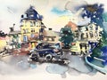 Original handmade watercolor painting artwork of cityscape