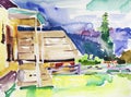 Original handmade watercolor painting illustration, pleinair wet Royalty Free Stock Photo