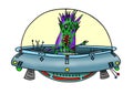 Original handrawn digital image of a wacky alien in a UFO