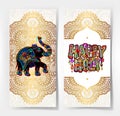 original Happy Holi design with elephant on floral indian background