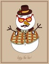 Original hipster snowman in sunglasses, hat,