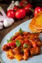 a Original Hungarian goulash with potato pancakes Royalty Free Stock Photo