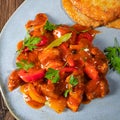 A Original Hungarian goulash with potato pancakes Royalty Free Stock Photo