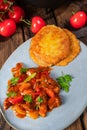 A Original Hungarian goulash with potato pancakes Royalty Free Stock Photo