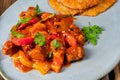 a Original Hungarian goulash with potato pancakes Royalty Free Stock Photo