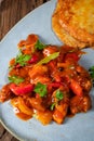 Original Hungarian goulash with potato pancakes Royalty Free Stock Photo