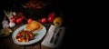 Original Hungarian goulash with potato pancakes Royalty Free Stock Photo