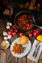 Original Hungarian goulash with potato pancakes Royalty Free Stock Photo