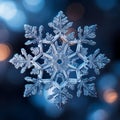 Original ice huge snowflake. Lonely snowflake close-up on blurred background. Selective focus, the glow of night lights. Royalty Free Stock Photo