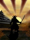 Original illustration of a Samurai warrior standing before a rising sun and castle