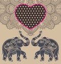 Original indian pattern with two elephants for invitation, cover