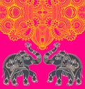 Original indian pattern with two elephants for invitation, cover