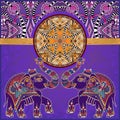 Original indian pattern with two elephants for invitation, cover