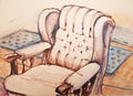 Original ink drawing of sofa in room